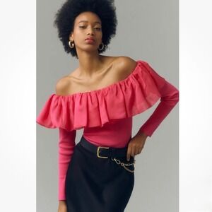By Anthropologie Off Shoulder Ruffle Ribbed Knit Top Fuchsia Pink Medium NEW